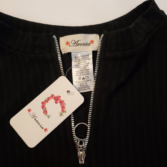 Women Sleeveless Knit Bodysuit Black Color 1/4 Zip up front closure. Mock Neck. - Picture 8 of 12